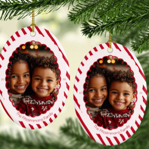 Modern Candy Cane Stripe Christmas 2 Sided Photo Ceramic Ornament