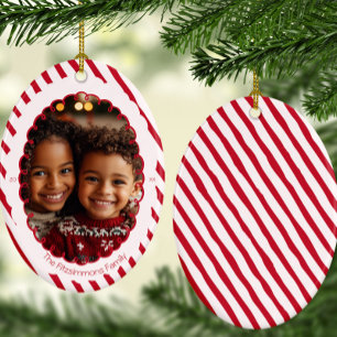 Modern Candy Cane Stripe Christmas Photo  Ceramic Ornament