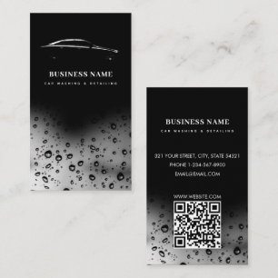 Modern Car Wash Automotive Cleaning QR Code Black Business Card