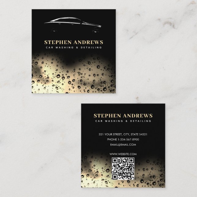 Modern Car Wash Automotive Cleaning QR Code Gold Square Business Card (Front/Back)