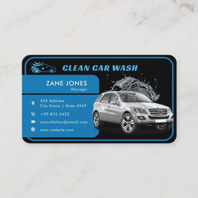 Modern Car Wash | Black Blue Business Card (Front)