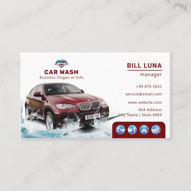 Modern Car Wash | White Maroon Business Card (Front)