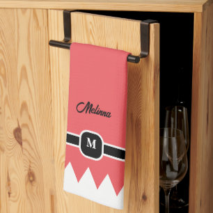 Modern Carmine Red Holiday Monogram Tea Towel