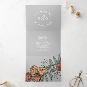 Modern Carnation Florals Botanical Ink Wedding Tri-Fold Invitation