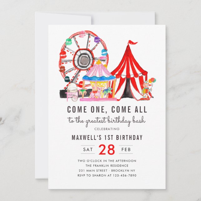 Modern Carnival Circus Festival Show 1st Birthday Invitation (Front)