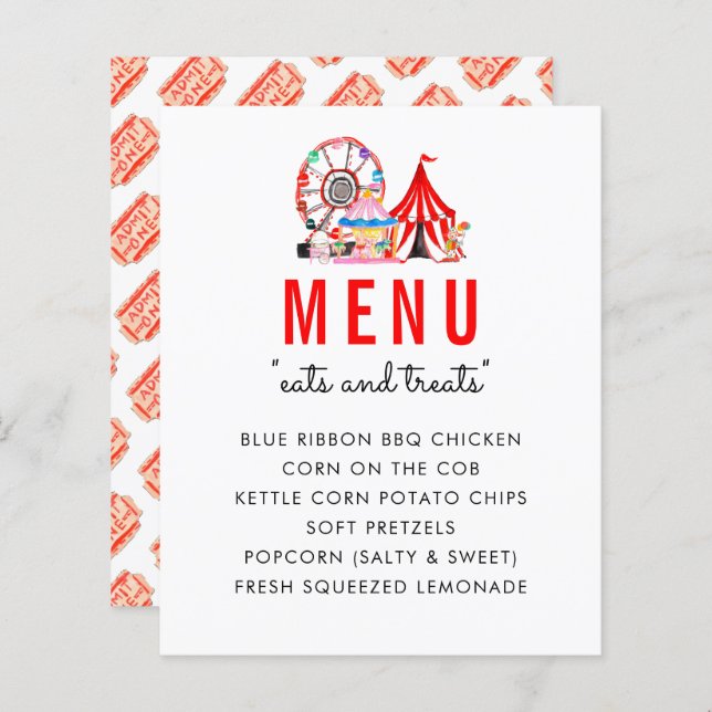 Modern Carnival Circus Show Birthday Party Menu (Front/Back)
