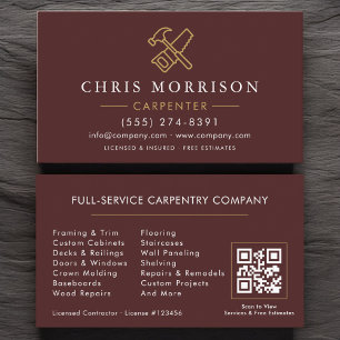 Modern Carpenter Burgundy Gold QR Code Business Card