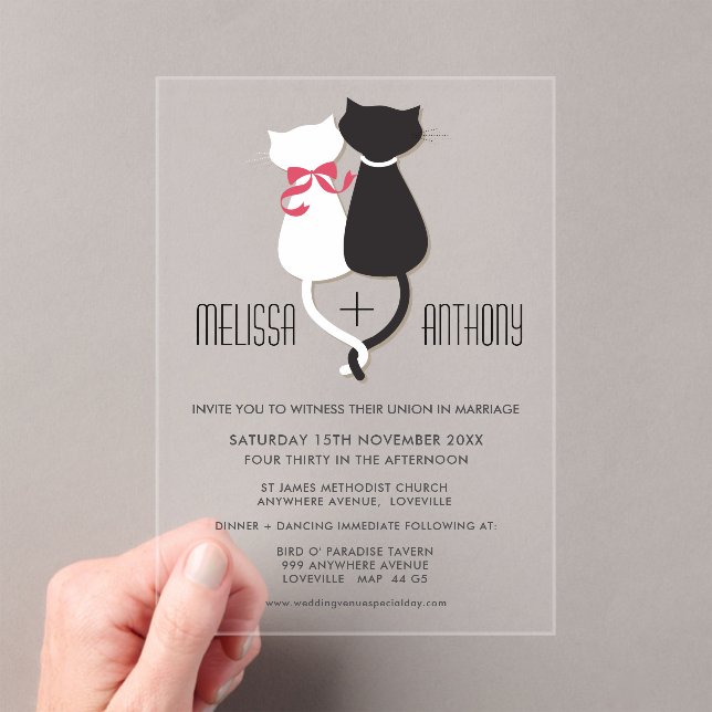Modern Cartoon Cat Couple Monogram Wedding Invite Acrylic Invitations (Insitu (Handheld))