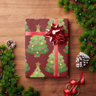 Modern Cartoon Christmas Trees Pattern Burgundy  Wrapping Paper