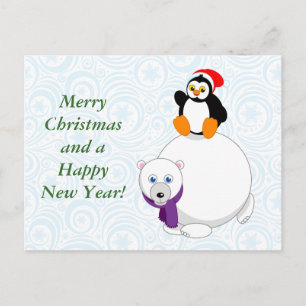 Modern cartoon of a penguin riding a polar bear, holiday postcard