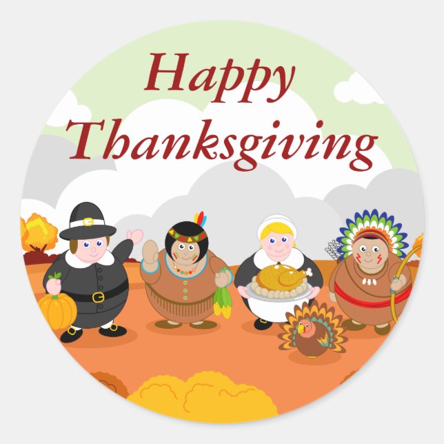 Modern cartoon of the First Thanksgiving 1621, Classic Round Sticker (Front)