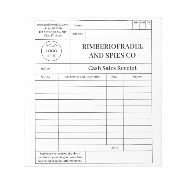modern cash sales receipt notepad (Front)