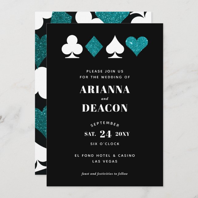 Modern Casino Teal Glitter Wedding Invitation (Front/Back)