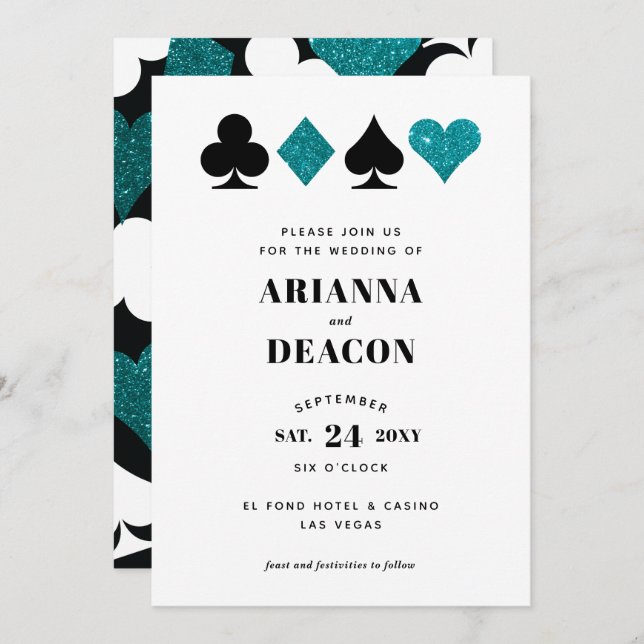 Modern Casino Teal Glitter Wedding Invitation (Front/Back)