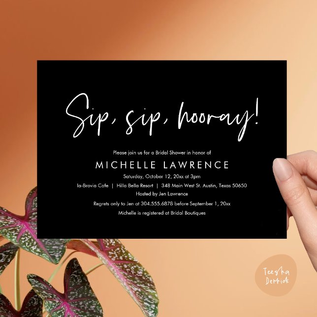 Modern Casual, fun and playful Bridal Shower Party Invitation (Sip, Sip Hooray, Modern Casual, fun and playful Bridal Shower Party Invitation Card PDF Classy Black)