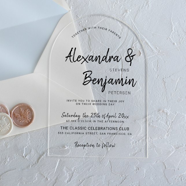 Modern casual minimalist black script wedding acrylic invitations (Creator Uploaded)