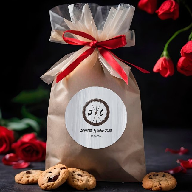 Modern Casual Motorcycle Biker monogrammed Wedding Classic Round Sticker (Creator Uploaded)