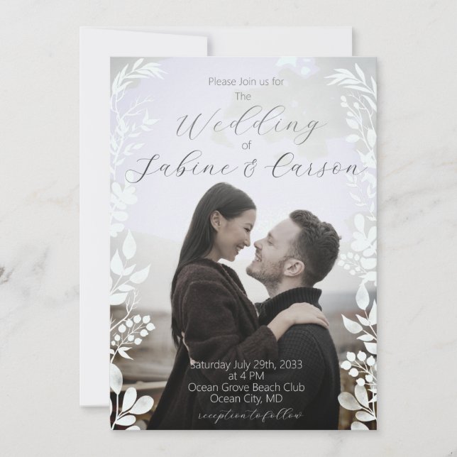 Modern Casual Photo Floral Overlay Wedding Invitation (Front)