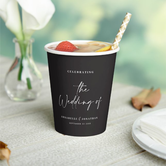Modern casual script black wedding party paper cups (Insitu)