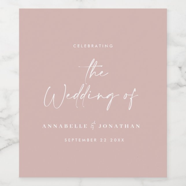 Modern casual script blush pink typography wedding wine label (Single Label)