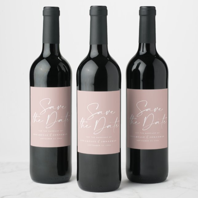 Modern casual script blush pink typography wedding wine label (Bottles)