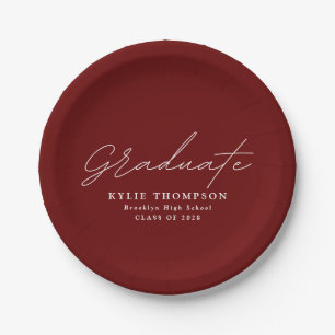 Modern Casual Script Graduation Party   Maroon Paper Plate