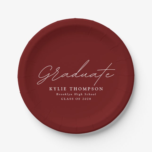 Modern Casual Script Graduation Party | Maroon Paper Plate (Front)