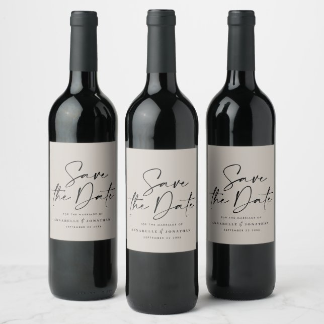 Modern casual script grey save the date wedding wine label (Bottles)