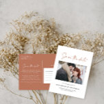 Modern casual script terracotta typography wedding announcement postcard<br><div class="desc">Modern stylish script elegant typography wedding save the date photo postcard. Modern minimal stylish design. Terracotta colour can be customised.</div>