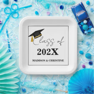 Modern Casual Script Twin Graduation Party Paper Plate