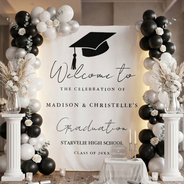 Modern Casual Script Twin Graduation Party Welcome Tapestry (Creator Uploaded)