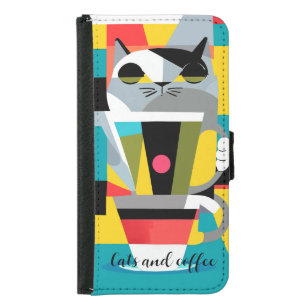 modern cat and coffee with custom text  samsung galaxy s5 wallet case