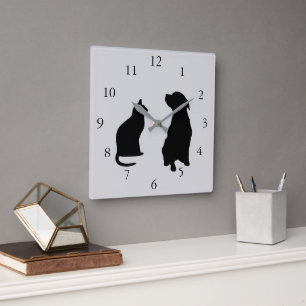 Modern cat dog silhouettes pets grey background square wall clock
