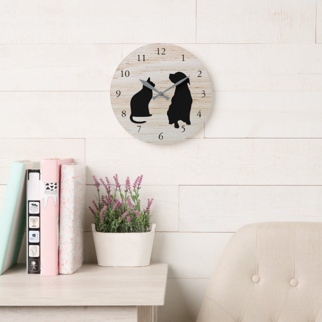 Modern cat dog  silhouettes pets wooden background large clock (Reading Room)