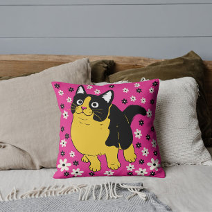 Modern Cat Lover Pet Friends Flower Pattern Pink Cushion