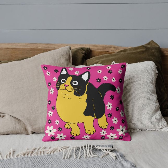 Modern Cat Lover Pet Friends Flower Pattern Pink Cushion (Creator Uploaded)