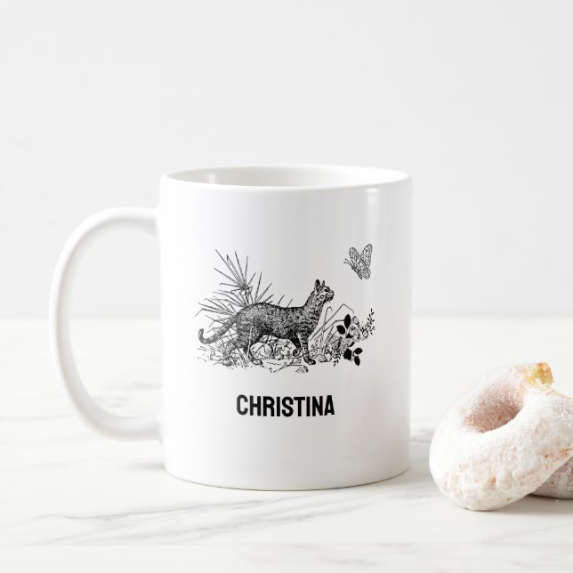Modern cat outilne custom name  coffee mug (With Donut)