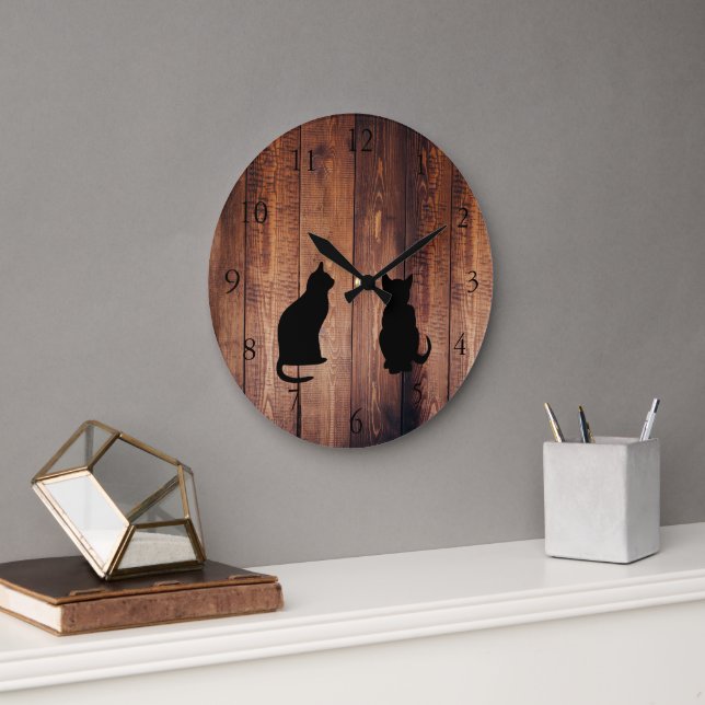 Modern cat silhouettes on rustic dark wood large clock (Office)