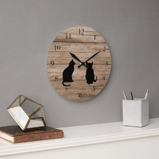 Modern cat silhouettes on rustic dark wood large clock