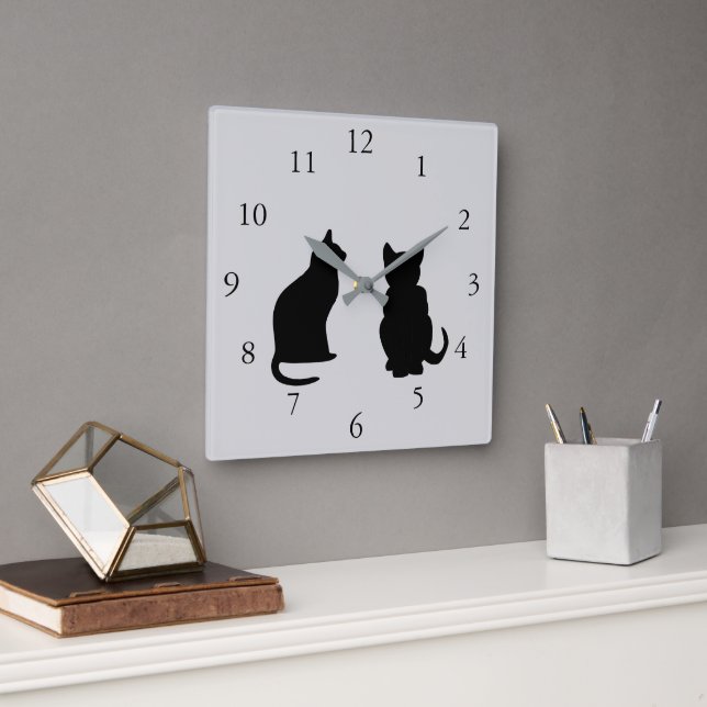 Modern cat silhouettes, pets on  gray background square wall clock (Office)