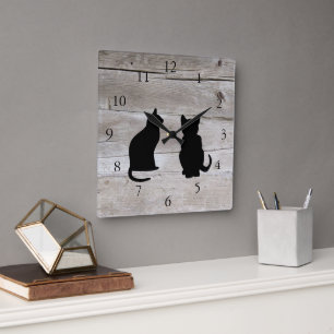 Modern cat silhouettes pets on rustic barn wood square wall clock