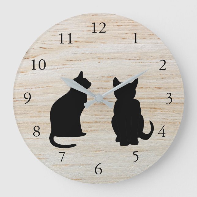 Modern cat silhouettes, pets on wooden background large clock (Front)