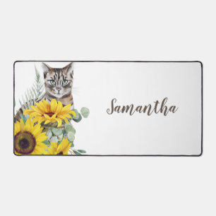 Modern Cat Sunflower Floral Name  Desk Mat