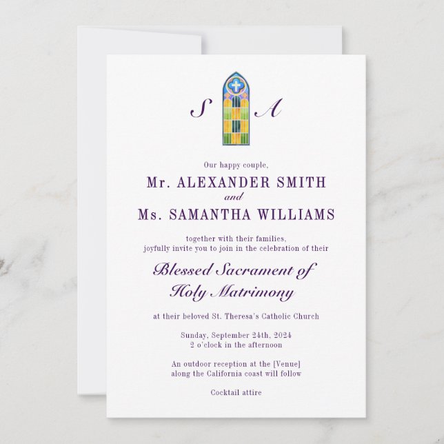 Modern Catholic Church Purple All-in-One Wedding Invitation (Front)