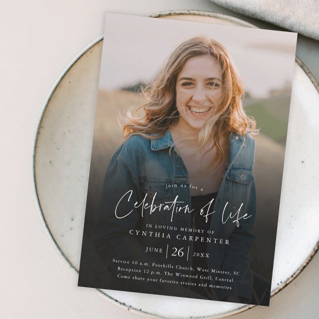 Modern Celebration of Life Memorial Funeral Invitation (Modern handwritten script celebration of life photo memorial invitation.)