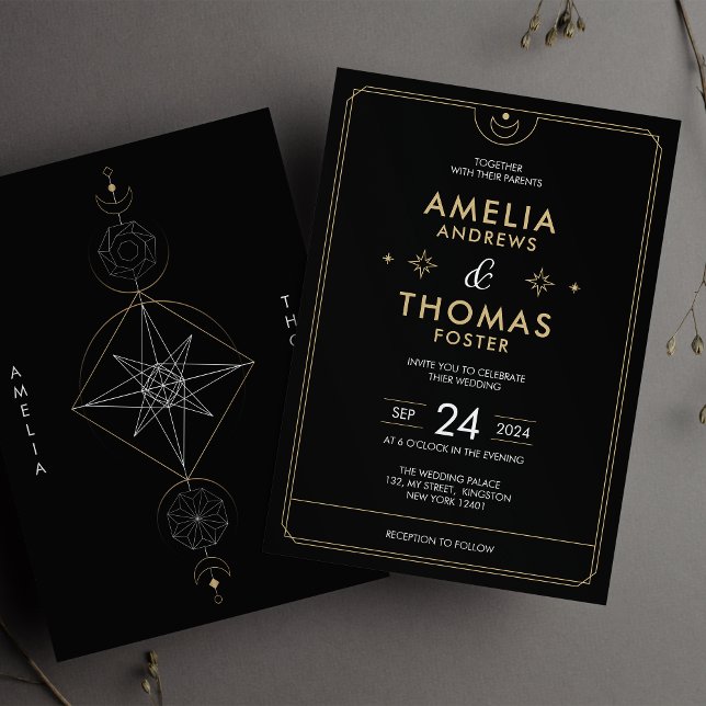 Modern Celestial Black and Gold Mystical Wedding Invitation (Creator Uploaded)