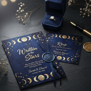 Modern Celestial Navy and Gold Moon Stars Wedding  Invitation