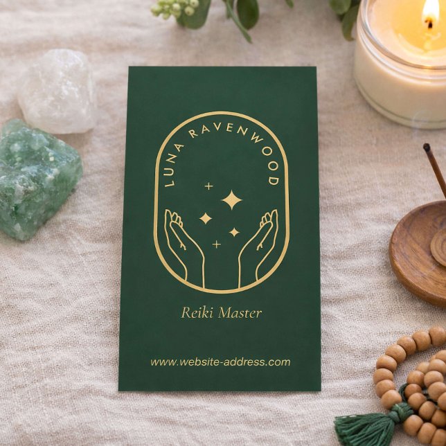 Modern Celestial Reiki Master Healing Hands Green Business Card (Creator Uploaded)