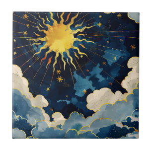Modern Celestial Sun Stars and Blue Clouds Ceramic Tile