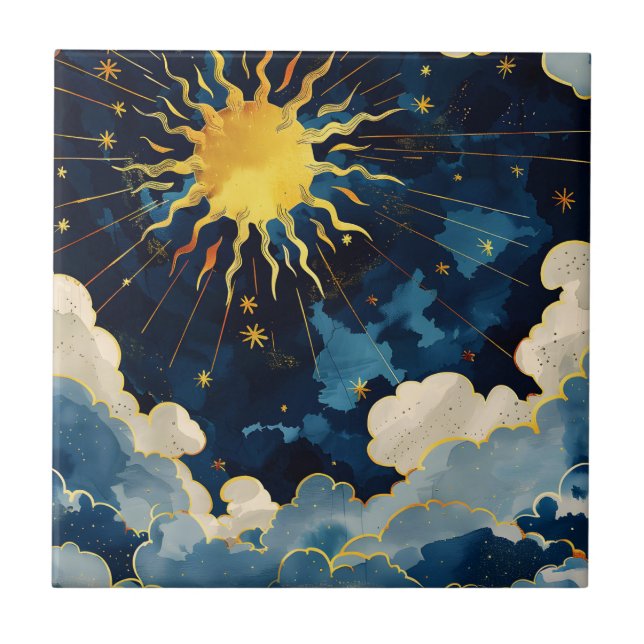 Modern Celestial Sun Stars and Blue Clouds Ceramic Tile (Front)